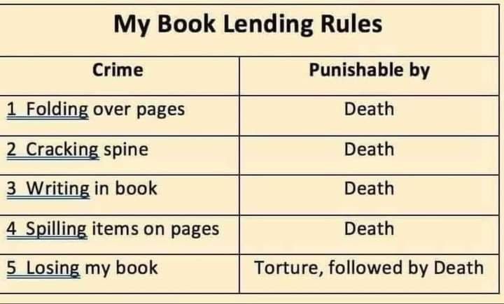My Book Lending Rules
Crime                              Punishable by 
1 Folding over pages     Death

2 Cracking spine            Death

3 Writing in book            Death

4 Spilling items on pages Death

5 Losing my book           Torture
                                          followed by Death