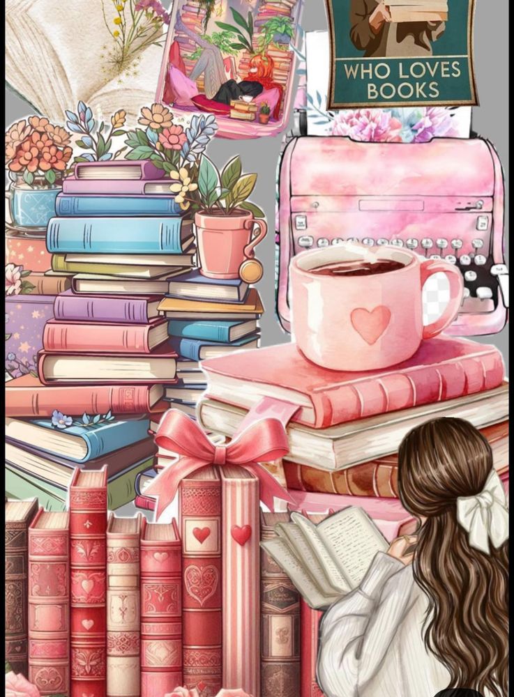 Girl with long brown hair and wearing a white blouse and white bow in her hair, reading, surrounded by books, book-related posters, and a large cup of coffee on top of a pile of books.