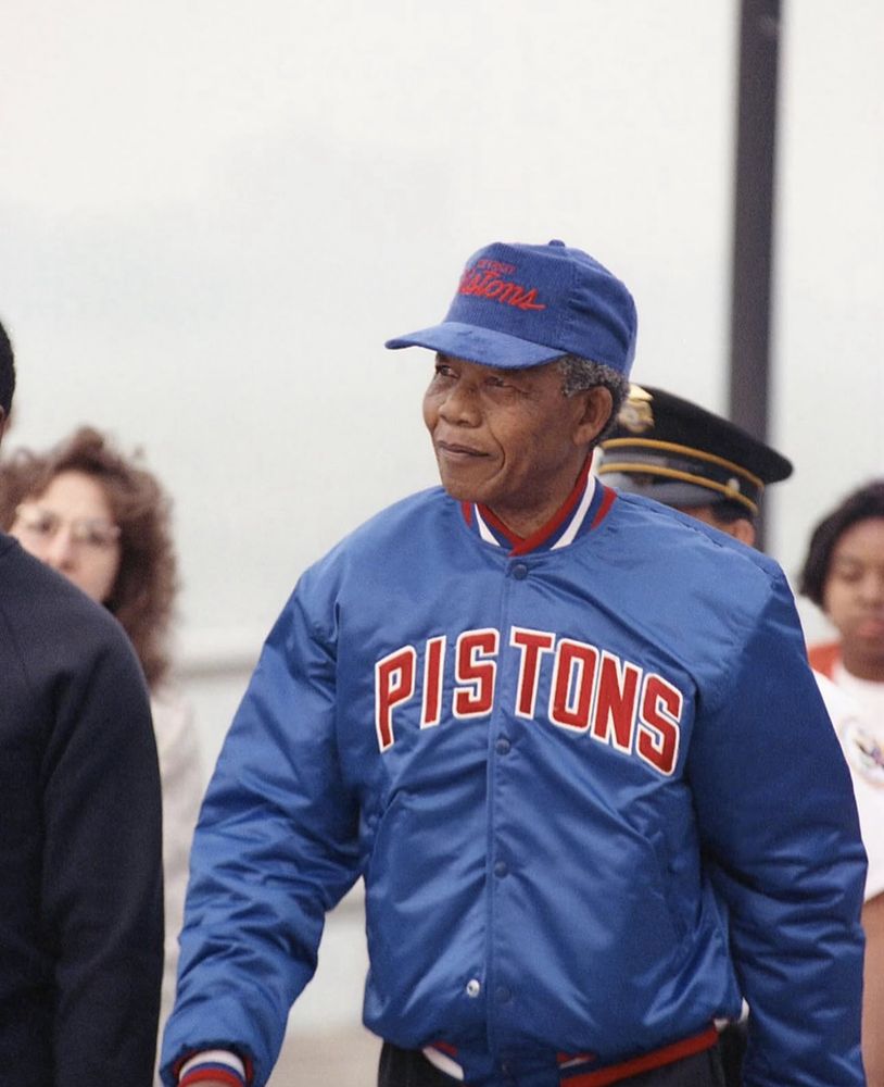 Nelson Mandela wearing pistons gear.