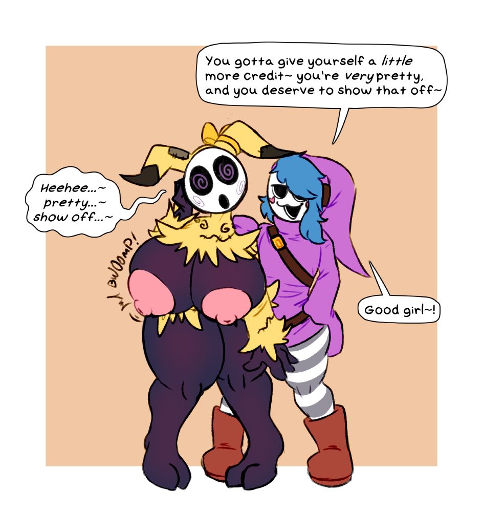 Cres, a Mimikyu gal, wearing one of Erin the Shy Guy's hypnotic masks, echoing his affirmations as her tits burst out of her disguise.