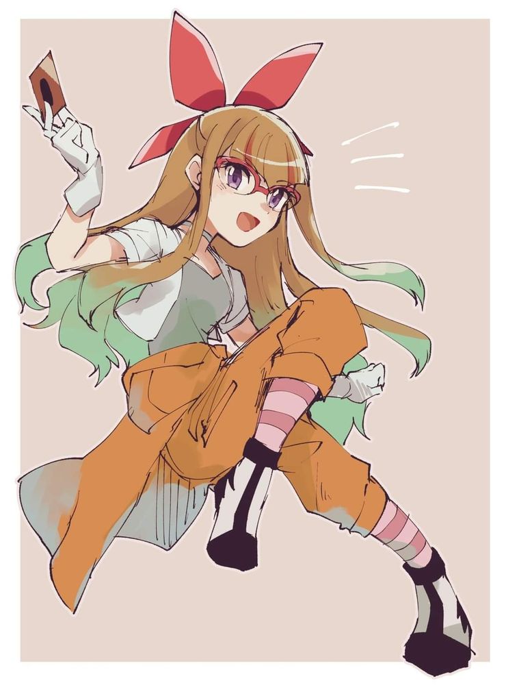 Uma fanart de Yuamu Ohdo, personagem de "Yu-Gi-Oh! GO RUSH!!", vestindo a roupa com a qual mais aparece na primeira temporada: Cabelos castanhos com detalhes esverdeados nas pontas, penteados como um hime cut com duas mechas amarradas atrás uma com a outra por um laço rosa. No rosto, óculos de gatinho com a armação da mesma cor. No torso, um collant ciano coberto por uma blusa branca que se estende até o fundo da caixa torácica. Luvas brancas, uma jaqueta laranja amarrada na cintura, calças igualmente alaranjadas e sapatos brancos com detalhes pretos compõem o uniforme de funcionário da UTS (Uchuujin Trouble Soudanjou — Consultoria para Problemas com Extraterrestres), empresa da qual é a presidente. Por baixo dos sapatos meias listradas com tons de rosa alternados. Está numa pose de pouso, segurando uma carta de Monstros de Duelo. Infelizmente não achei o artista.