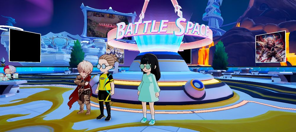 Uma screenshot do Shadowverse Park em Shadowverse Worlds Beyond. Ao lado do NPC Albert, dois usuários com avatares. Um fazendo cosplay da personagem Yuuto Kidou de Inazuma Eleven e outro da personagem Carly Nagisa de Yu-Gi-Oh! 5D's.