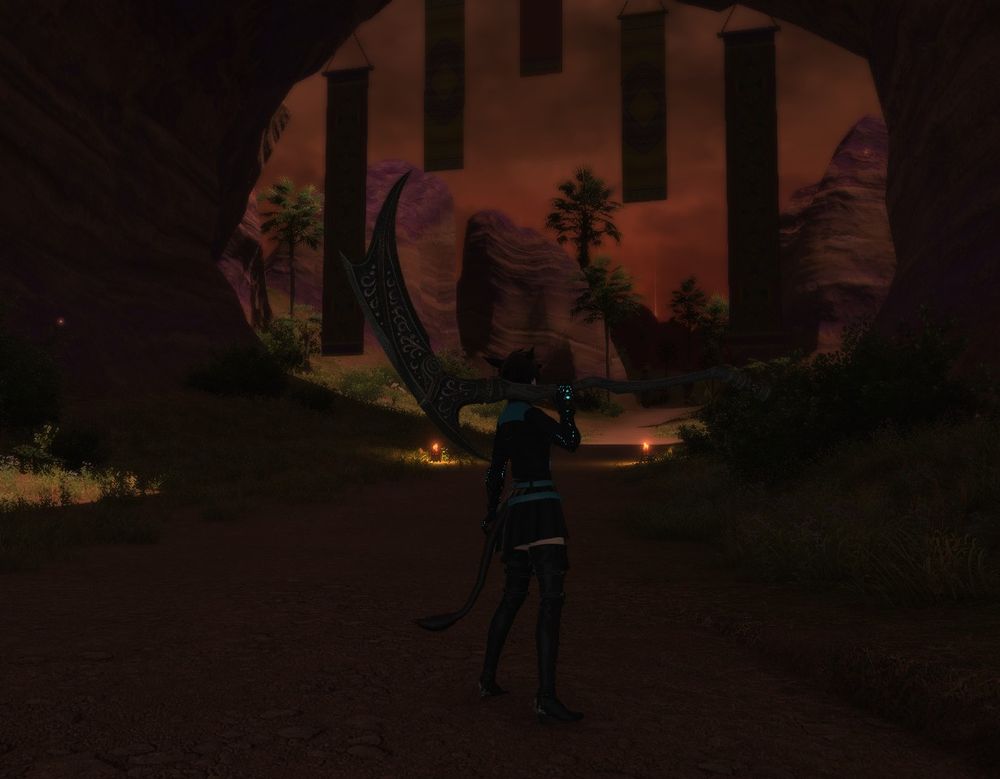 A miqo'te reaper looks out as the sky burns