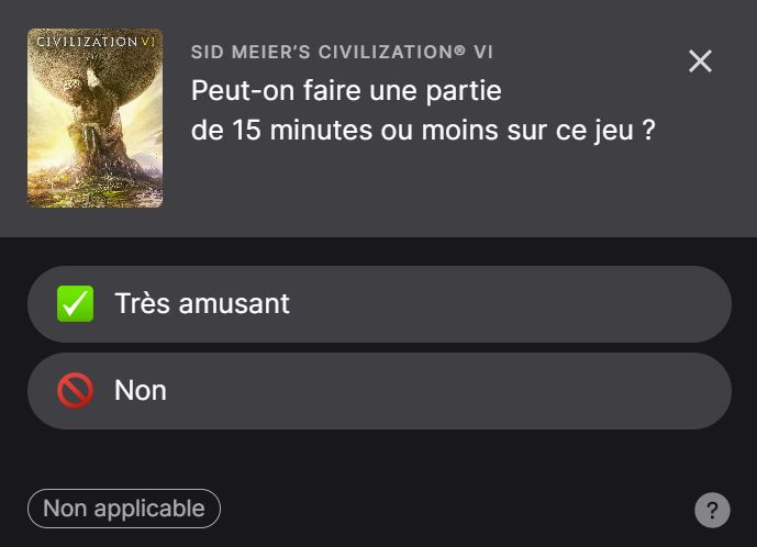 Peut-on faire une partie de 15 minutes ou moins sur ce jeu ?
* Très amusant
* Non