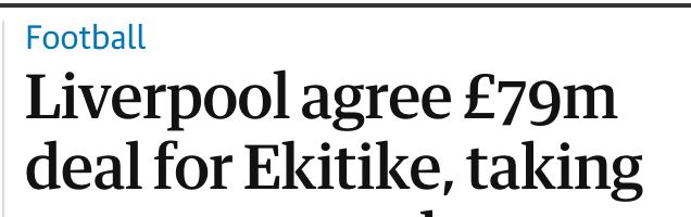 headline that reads "Liverpool agree £79m deal for Elitike"