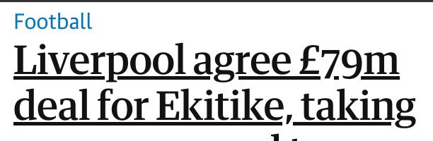 underlined headline that reads "Liverpool agree £79m deal for Elitike" except the underline visually makes it look like £7.9m