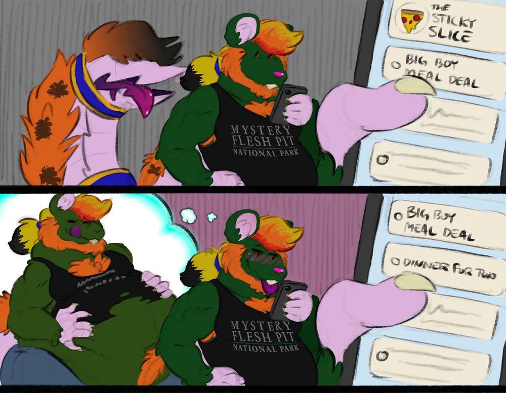 Stinkbomb scrolls through a delivery app on his phone. As he moves from "Big Boy Meal Deal" to "Dinner for Two", he imagines himself with a big round belly after eating two people's worth of food.
