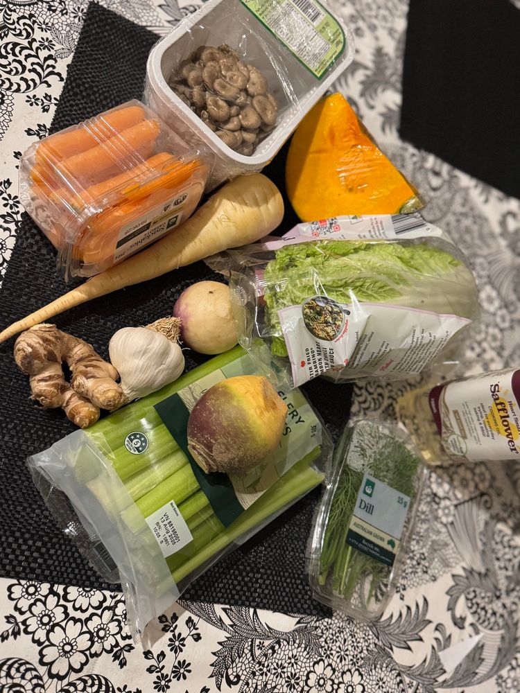 Soup ingredients - carrot, parsnip, pumpkin, Wombok, turnip, Swede, garlic, ginger, celery, dill, safflower oil 