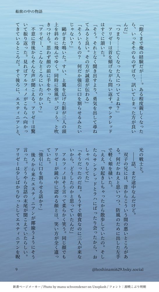 「飽くまで俺の経験だが……。ある程度親しくなったら、いっそそのものずばり、訊いてしまった方が良いんだ」
「つまり……亡くなった人についてよね？」
　アリゼーは首を傾げながら問い返す。サンクレッドはすぐに頷いた。
「そう。それとなく聞き出すより、勇気を出して尋ねてみると良い。その方が誠意が伝わる」
「そういうもの？　何だか強引に口を割らせるみたいじゃない？」
　鷗がまた鳴いた。すい、と翼を広げた影が三人の頭上を斜めに飛んでゆく。同時に強風が、びょう、と吹きつける。思わず顔の前に手をやった。
「アリゼー、こんなところにいたのかい？」
　不意に背後からそんな声が聞こえる。アリゼーは驚いて振り返った。見ればアルフィノがこちらへ向かってきているところだ。すぐ後ろに、エスティニアンと、光の戦士と。
　――話、まだ途中なんだけど。
　双子の兄には、昔からこういう間の悪いところがある。何だかねえと思いつつ、防風のために出した左手で軽く頬を掻いた。
「ええ、早起きしちゃったから散歩していたの。そしたらサンクレッドとラハにばったり会ったから、おしゃべりしてた」
「そうだったのだね。もうすぐ朝食なのに三人が来ないから、どうしたのかと思っていたんだ」
　アルフィノはそう言って柔らかく笑う。同じ顔でもアリゼーが鏡の中に認める顔とは、笑い方が全く違っていた。
「強引に口を割らせる話か？」
　後ろから来たエスティニアンが揶揄うようにそう言った。どうやら会話の末尾が聞こえていたらしい。アリゼーは少しばかりむっとしてエスティニアンを睨