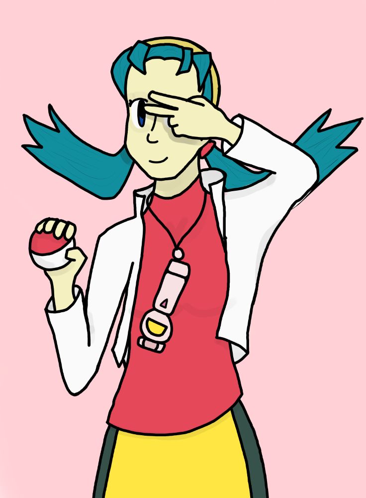 drawing of kris from pokemon crystal. she holds a pokeball in her right hand. her left hand is positioned above her face making a peace sign. 