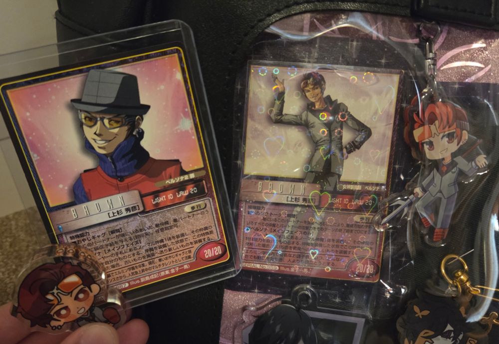 me holding a brown acrylic block and trading card next to another trading card and keychain of him in a clear pocket