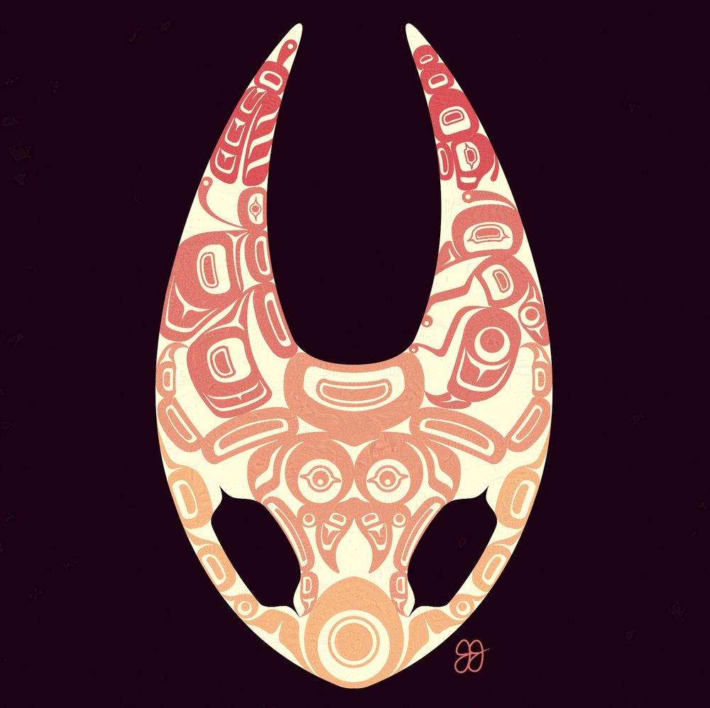 A formline design where the base shape is the mask of Hornet from Hollow Knight. Inside the mask is the formline designs- the torso of a spider across the lower face area, clutching an egg with infection droplets trailing down beneath the eyes. On the mask's left horn is a butterfly trailing upwards, with a chrysalis at the tip. On the mask's right horn is a hornet trailing upwards, with a larvae at the tip. The mask is off-white/pale yellow, and the formline designs range in shades from a light orange at the bottom, to a pale to dark salmon in the middle, to a bright red at the top.