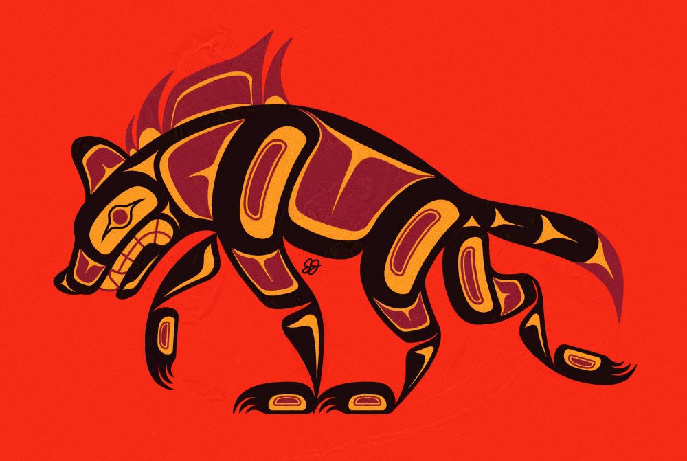 A red formline design of a hyena