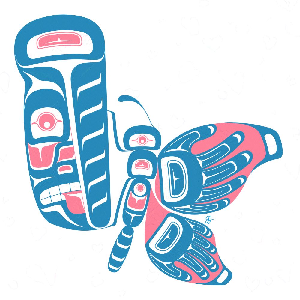 An updated drawing of the previous piece of a butterfly emerging from a crisalys. Half of the crisalys has a human face on it. The butterfly wings have human hand designs on them. The whole piece is coloured in blue and white, the colours of the transgender flag. The updated drawing has more balanced shapes and negative space, as well as brighter colours.