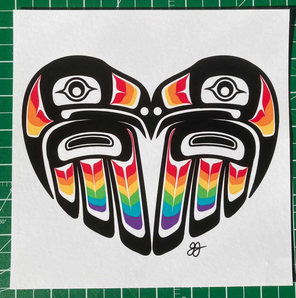 An 8x8 inch art print of mirrored formline ravens. The beak and feather colours are like a rainbow.