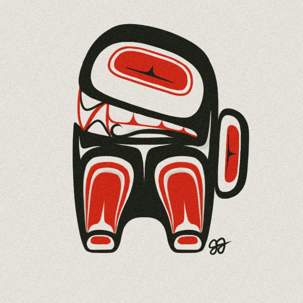 A simple Indigenous formline style illustration of an imposter character from the video game, among us. The crewmate’s suit is black and has red highlights