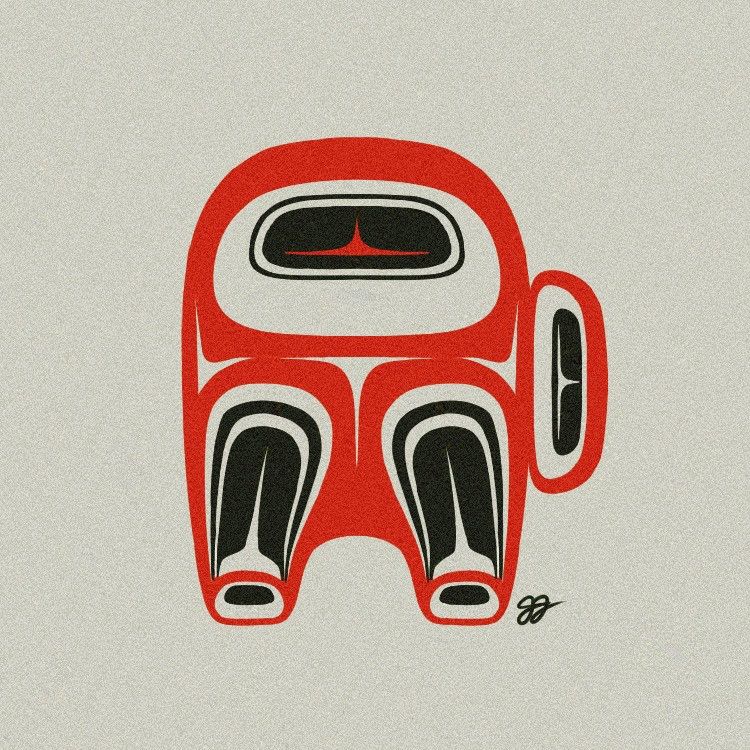 A simple Indigenous formline style illustration of a crewmate character from the video game, among us. The crewmate’s suit is red and has black highlights