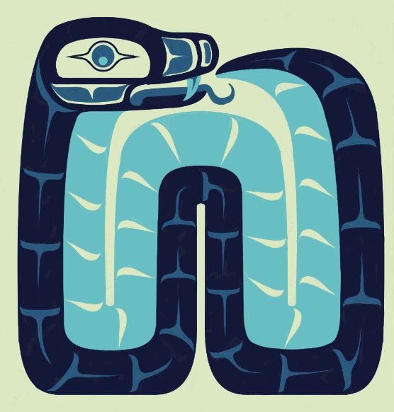 A formline illustration of a light and dark blue snake