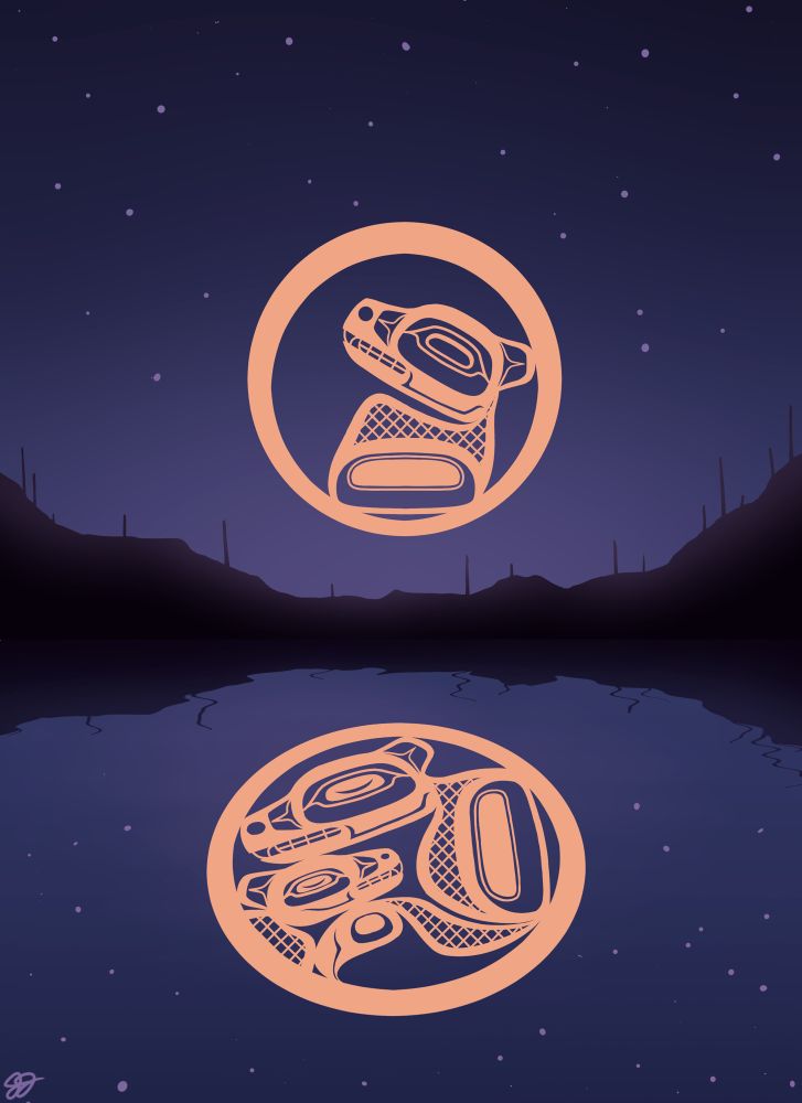 An illustration showing a night sky reflected on the surface of a lake. In the moon above is a formline design of a single bear. On the moon reflection below is a formline design of a bear and a cub.