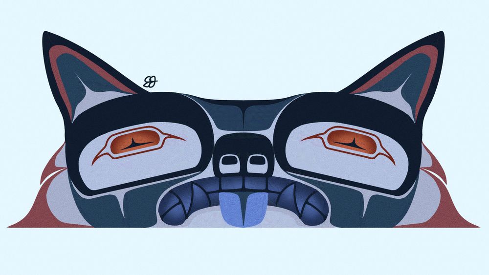 A symmetrical formline design of a front facing wolf, coloured in various shades of blue and bronze. The tongue is sticking out under the fangs.