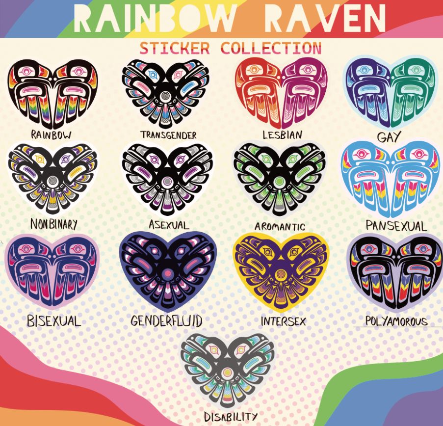 A diagram of a bunch of formline raven sticker designs shaped like hearts. All of them are coloured based on various pride flags; the Gilbert Baker rainbow flag, the transgender flag, the lesbian flag, the gay flag, the nonbinary flag, the asexual flag, the aromantic flag, the pansexual flag, the bisexual flag, the genderfluid flag, the intersex flag, the polyamorous flag, and the disability flag.
