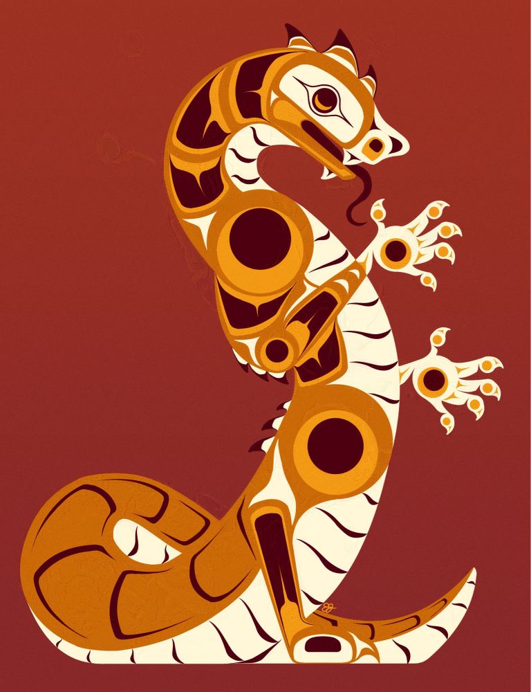 A formline illustration of an anthropomorphic orange and cream snake