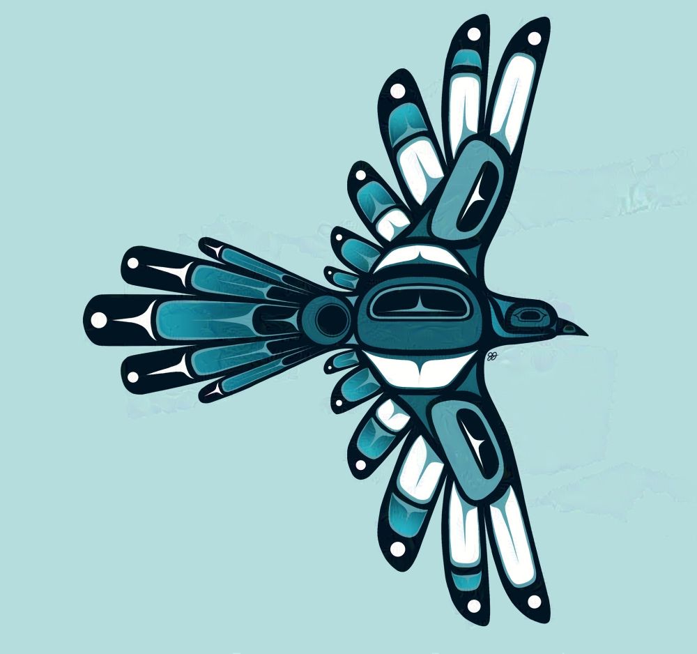 A formline design of a symmetrical flying blue magpie against a light blue background.