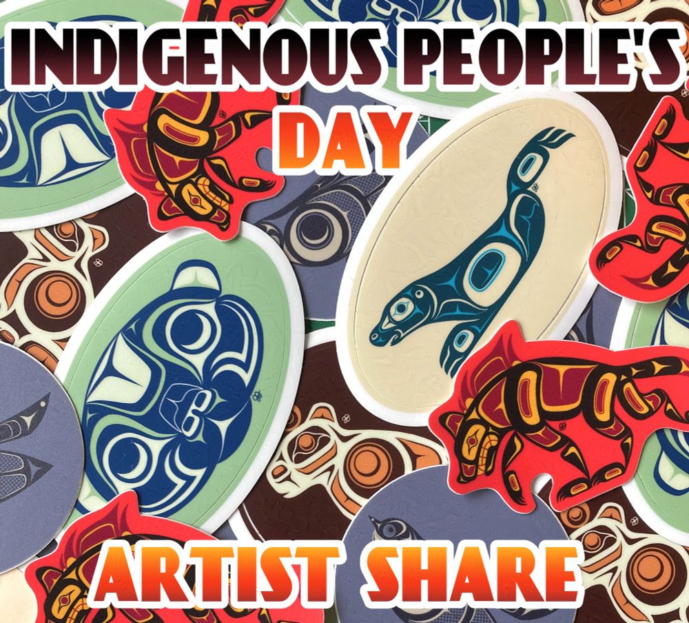A picture of various formline stickers piled on top of each other. In bold red gradient text reads "Indigenous People's Day Art Share".