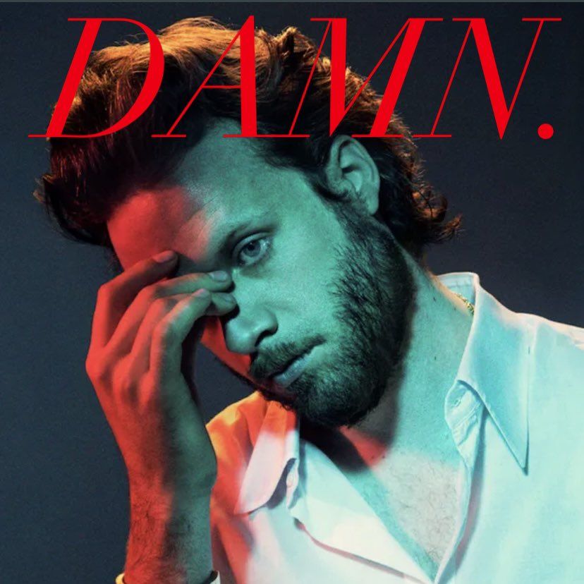 The album art of 'God's Favorite Customer' by Father John Misty with red text saying 'DAMN.' overlaid across it.