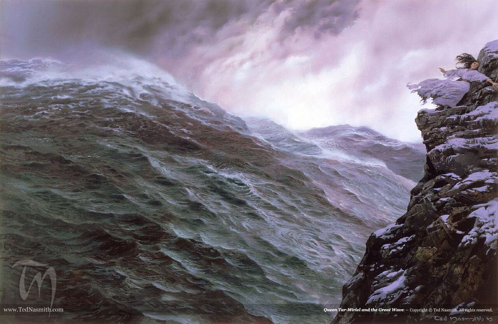 A painting by Ted Nasmith depicting a giant wave that almost engulfs a mountain peak. A woman in white dress tries desperately to escape the wave.