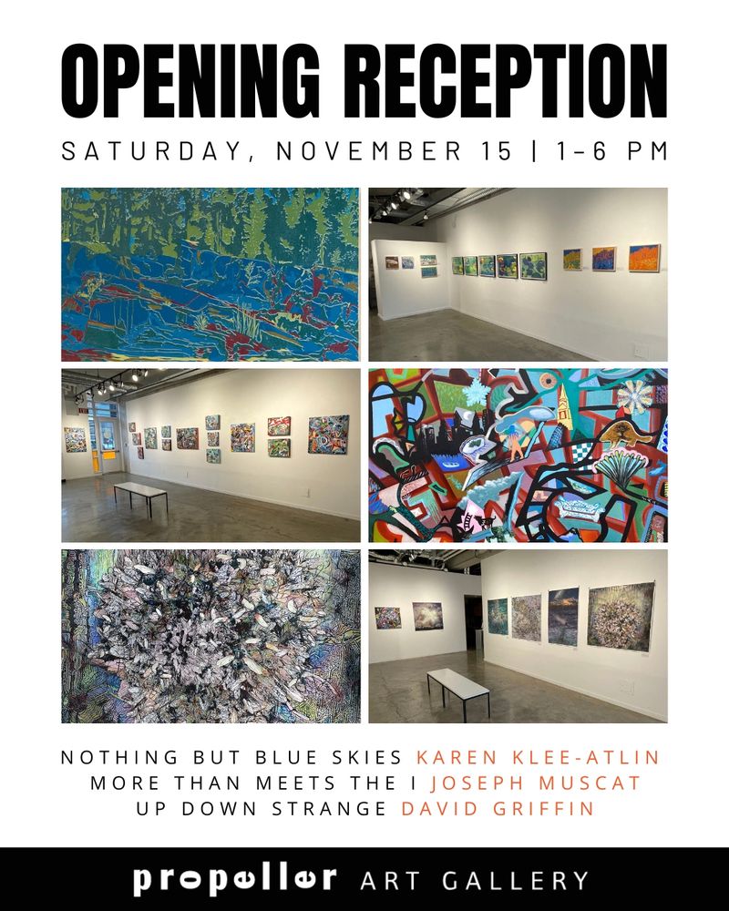 David Griffin: These drawings extend my fixation with geometry as an incredibly fruitful drawing method — reductive but expansive at the same time. The purpose for Art, the reason we do it, is understanding; understanding how language works as a sense conductor or understanding what we can say to each other, among other things. | Joseph Muscat: More than meets the I  or Plusque ce que je vois is an intended pun, un jeu de mots. I wanted to visually explore the various hidden depths, situations and complexities of our realities in our day and age. We live in a time of Artificial Intelligence, Chat GPT and Deepfake, where reality is always on shaky ground and may never be what it seems. | Karen Klee-Atlin: Much of my work depicts the natural world, and for close to 15 years, I have worked mainly in reductive woodcuts, linocuts and monoprints made from used plates. I began as a painter, but I have found my perfect medium with these techniques. The measured steps it takes to work in reduction relief allow me the time to consider line, shape and colour interactions. There is also the tension of, after making a cut, there’s no going back.
