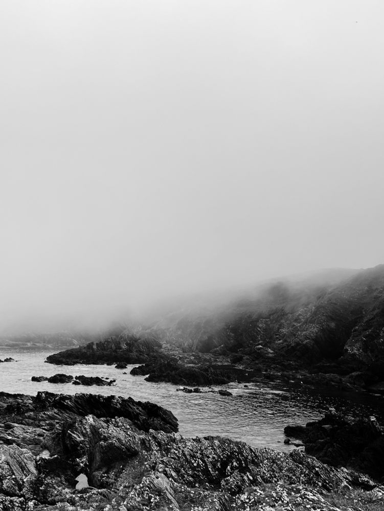 Cornish coastal cove covered in low fog 
