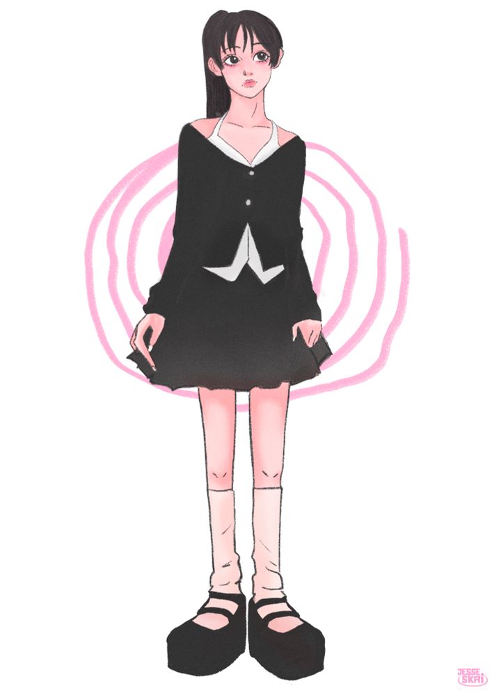 Full body Drawing of Yves from Loona. It’s a redraw of one of the photos from her first photoshoot with Paixpermil, where she’s wearing a white shirt, a black cardigan on top of it, a black tulle skirt, beige leg warmers and black platform shoes. She’s drawn in an art style imitating Ai Yazawa’s style . The background is a simple pink spiral.
