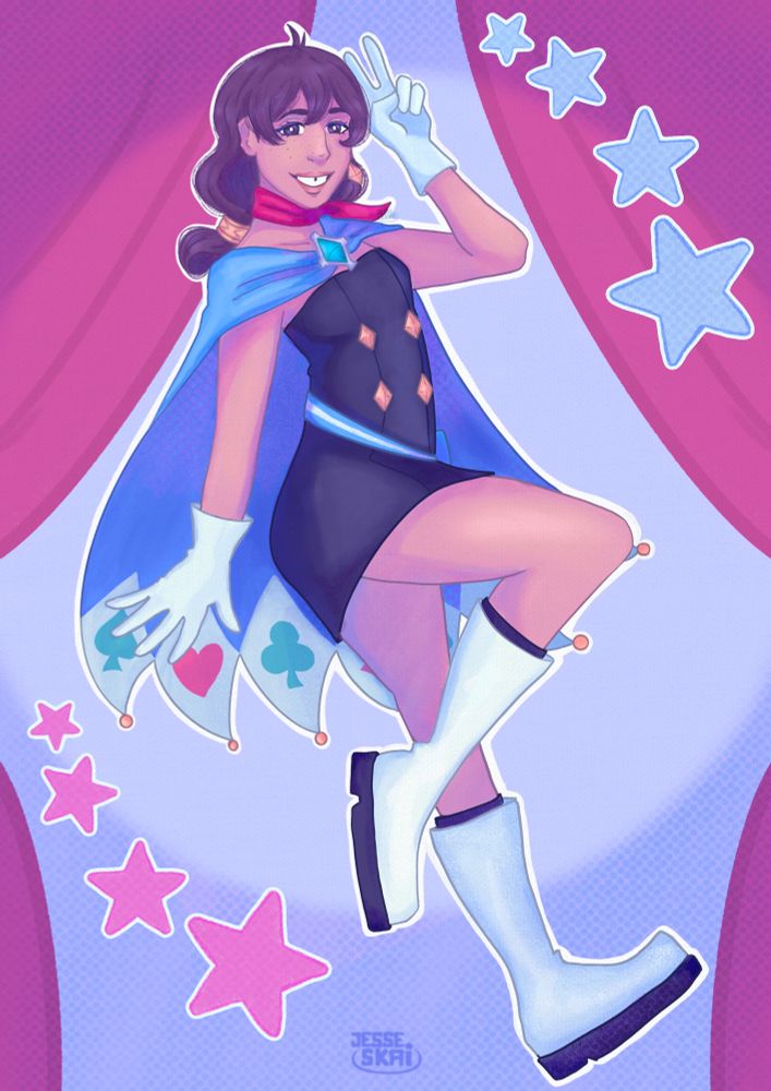 Full body digital drawing of Trucy Wight from Ace Attorney. She’s wearing her in-game outfit, except for the hat. She’s posing happily, with a big smile on her face, doing a peace sign with her hand next to her face. Her eyes are brown. She’s flexing one leg while the other is completely extended, as if she was floating in the air. The background is a pastel indigo/dark blue color with magenta theatre  curtains in the corners. There are pink and blue stars around her. Her silhouette and the stars’ silhouette have white borders. The color palette has purple-ish tones.