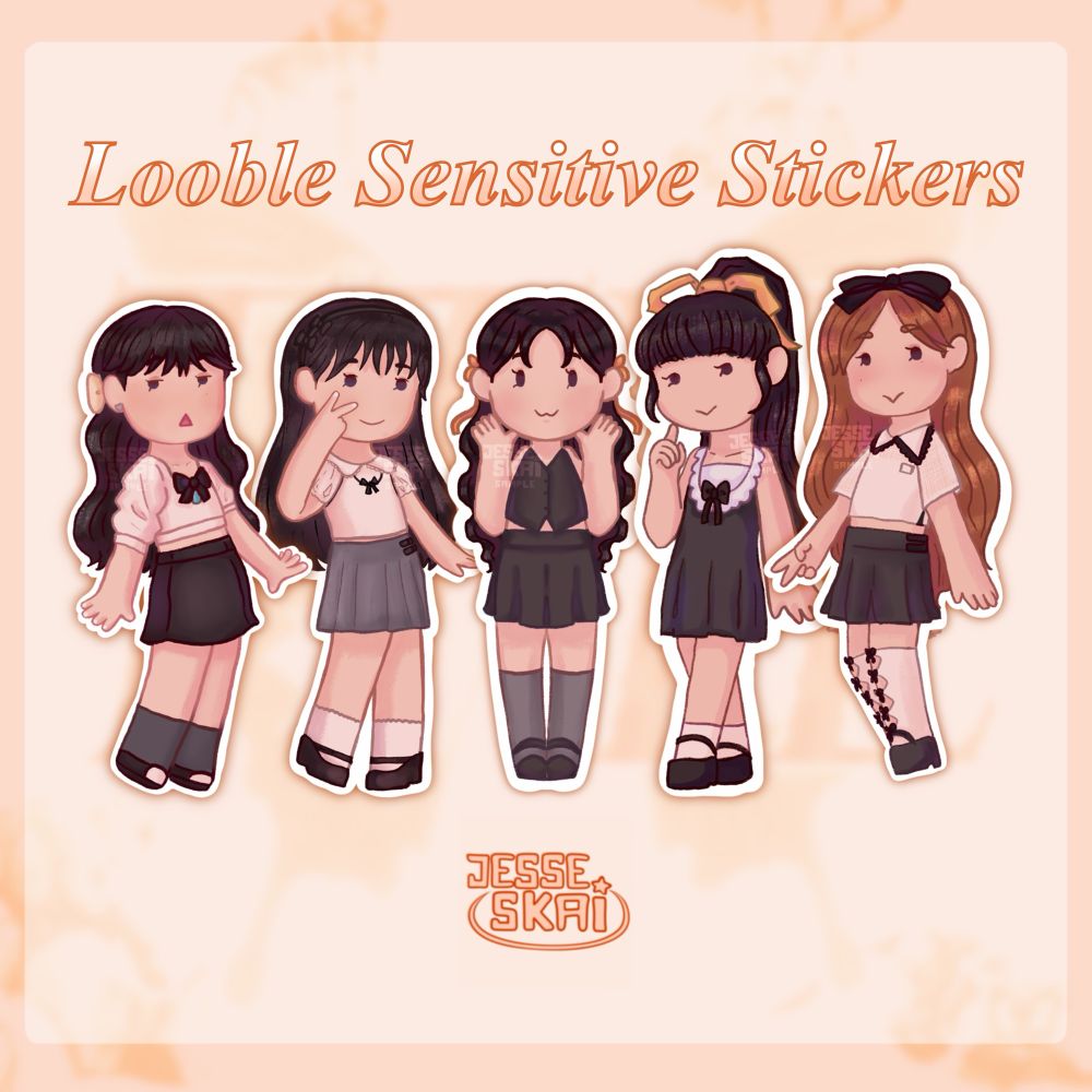 Image with a lineup of chibi drawings of all the loossemble members in the outfits from the Loossemble album cover. From left to right: hyeju, gowon, hyunjin, vivi and yeojin. The background is orange. On top of them it says "looble sensitive stickers”