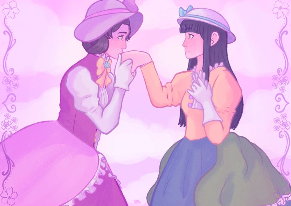 Half body digital drawing of Susato Mikotoba and Haori Murasame/Rei Membami from The Great Ace Attorney. We can see their side profiles. Susato is holding and kissing Haori’s hand. Haori holds her glove close to her chest with the other hand. She’s blushing and has a nervous expression. Susato’s expression is serene, looking into Haori’s eyes. They’re wearing the victorian dresses from the june 2025 capcom café collaboration. Susato’s dress is pink, it has a yellow bow with a cyan flower on her chest and white frills. She’s also wearing a pink hat with a darker pink bow. Haori’s wearing a yellow, green and blue dress with white frills and a white hat with a cyan bow. The background is a pink sky with clouds. On the sides, there’s a pattern of swirls, sakura flowers, forget-me-nots and a heart shaped line in the middle. The color palette has pink and purple tones.