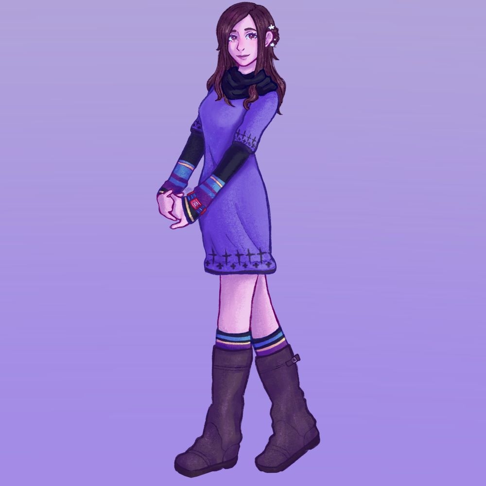 Full body digital drawing of June from Zero Escape 999. Her hair is brown in her usual hairstyle with white flowers on her side bun, and her eyes are painted in a reddish brown. She’s wearing the clothes from the game’s design: a purple dress, a black scarf and black sleeves with purple, blue and yellow stripes underneath the dress. Her socks have the same design, and her boots are baggy and brown. She’s also wearing the nonary game watch on her wrist.  She’s posing looking to her right, with one leg in front of the other, as if she was taking a step forward; and stretching her arms in front of her, intertwining her fingers. She’s smiling with a sweet but suspicious expression. The coloring, shading is done with purple and blue colors, using traditional pencil textures. The background is a purple gradient.