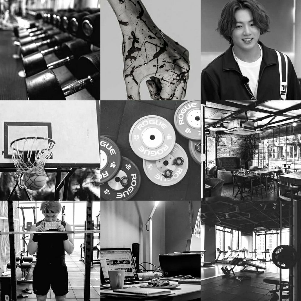 3 by 3 moodboard all in greyscale. upper left is rows of dumbbell weights. middle left is s basketball mid swoosh in the net. bottom right is The namjoon gym pic, him in front of s bar weight in black shorts with a black headband and wristbands. top middle is a hand with paint edited to look like blood. center is pairings of weight rounds. bottom muddle is a laptop and coffee mug with many wires around it. top right is jungkook with chin length hair, slightly smiling, in a dark buttonup or jumpsuit with a FILA strap over his left shoulder. middle right is empty tables in a cafe. bottom right is a gym mat with a weight bar and treadmills in the background.