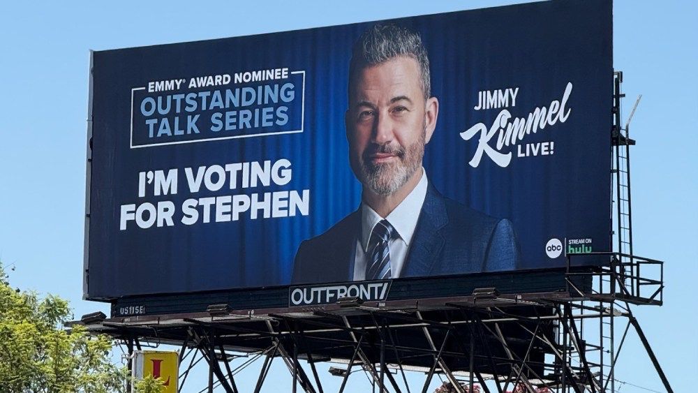 Jimmy Kimmel rents a West Hollywood billboard reading "I'm voting for Stephen" in support of Stephen Colbert's canceled Late Show, for Emmys campaign.