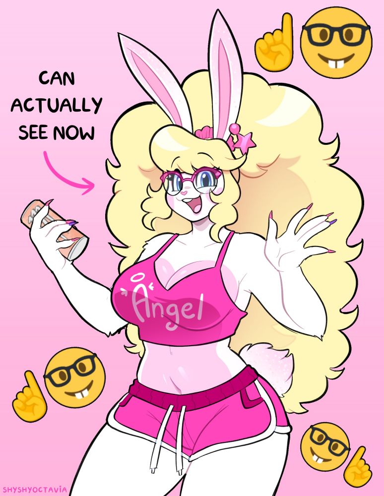 text pointing the white bunny with pink glasses saying: "can actually see now"