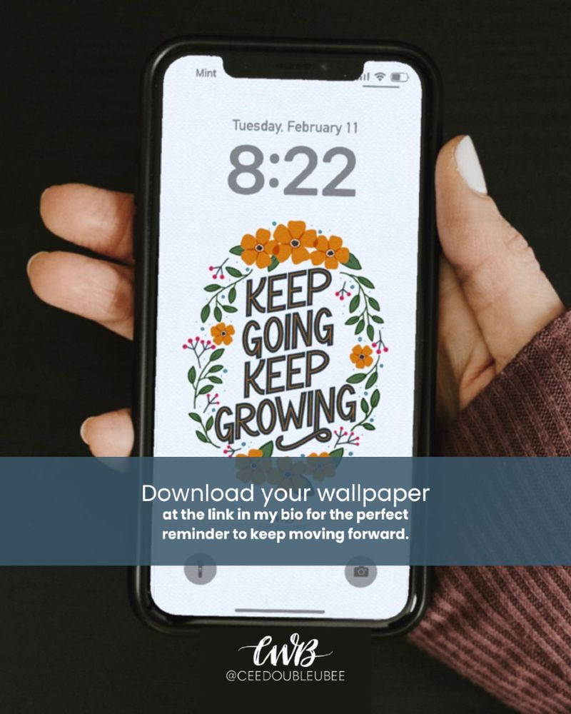 A carousel of four images showing the process of creating a hand lettered phone wallpaper: the final colorful floral design, the original pencil sketch, a photo of the iPad in progress, and a lock screen mockup reading “Keep going, keep growing.”