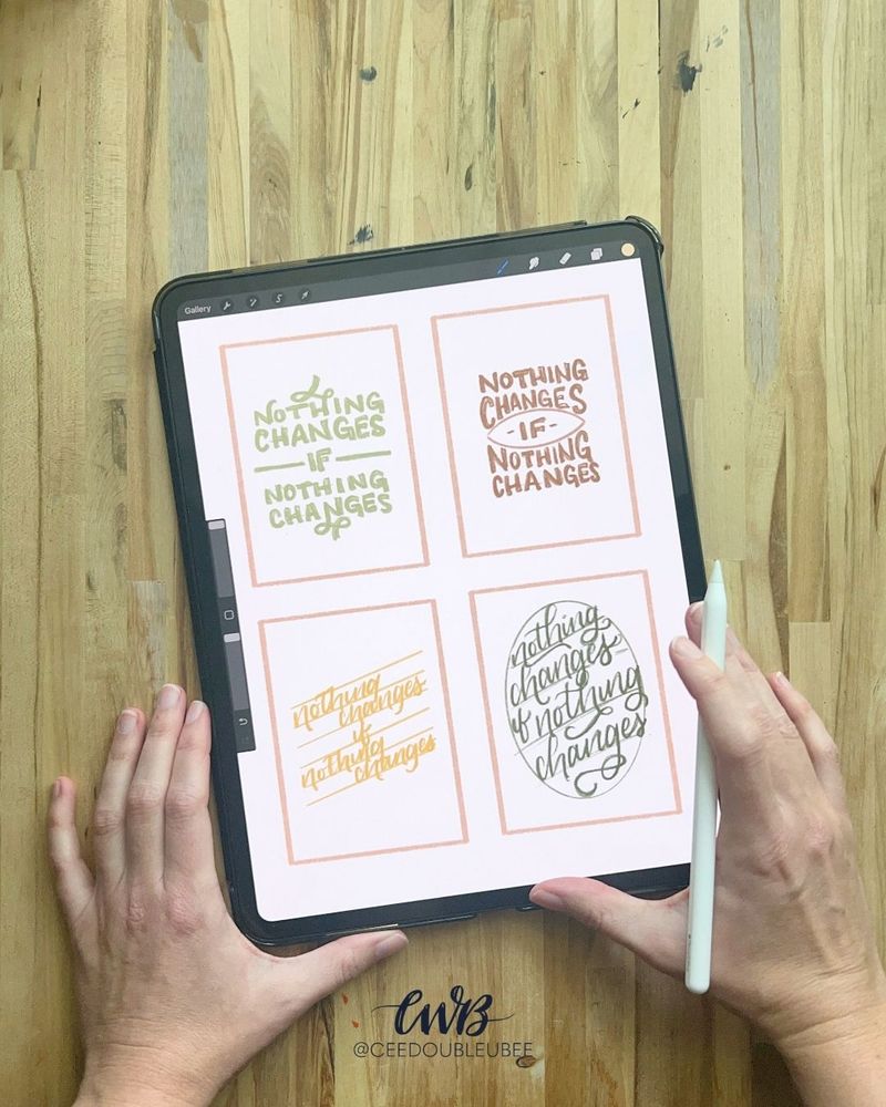 Each slide shows a view of my iPad showing a step of the process: 
1. Four thumbnail sketches, all different, of the quote
2. A rough sketch with gridlines overlaid on top of it
3. The finished lettering in a black and white gradient complete with embellishments
4. The finished full color lettering on my iPad
