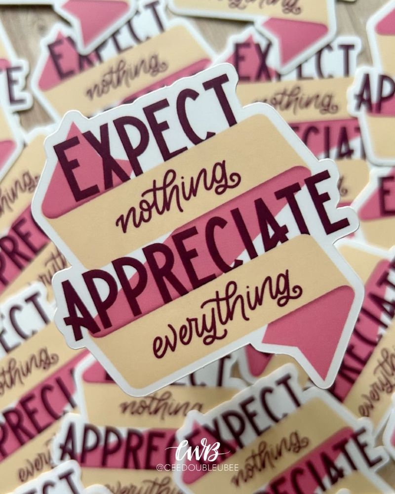 A die cut hand-lettered sticker with the phrase “Expect Nothing, Appreciate Everything” in playful dark purple block lettering and script lettering with the words "nothing" and "everything" on a yellow and pink illustrated banner that wraps around the words "Expect" and "appreciate." 
