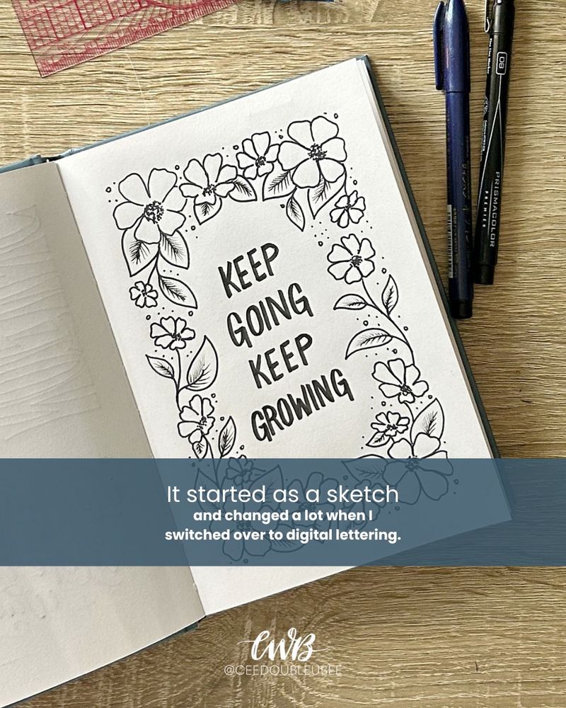 A carousel of four images showing the process of creating a hand lettered phone wallpaper: the final colorful floral design, the original pencil sketch, a photo of the iPad in progress, and a lock screen mockup reading “Keep going, keep growing.”