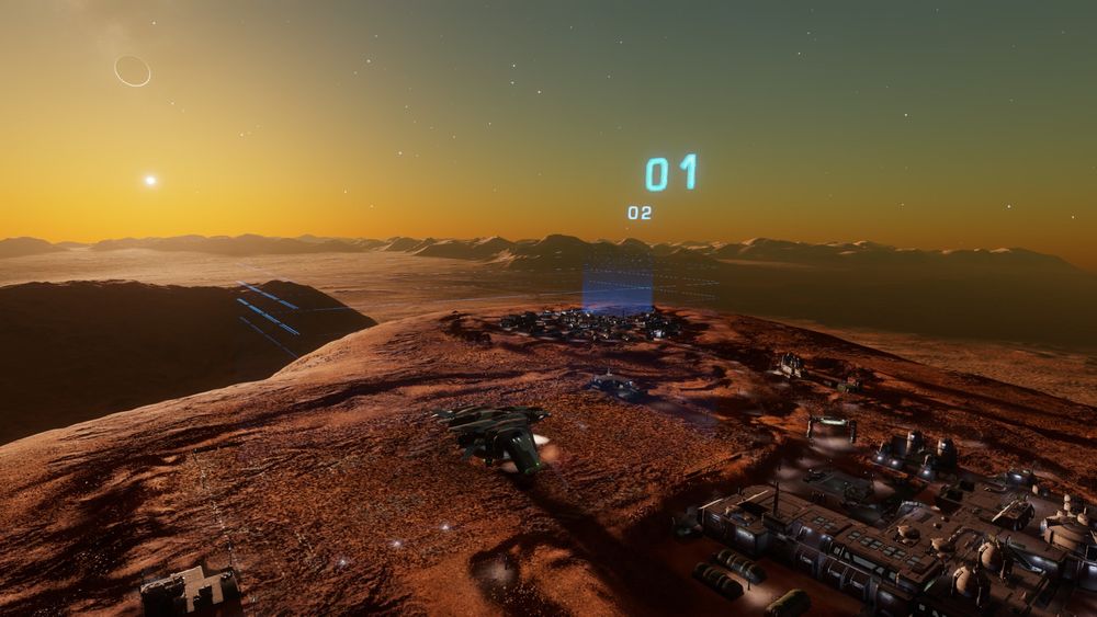 Toro Hydroponics Biome in Col 359 Sector ZP-O d6-36. The installation sits atop a tall mountain and you can see the whole surrounding plain as well as the mountains on the horizon.