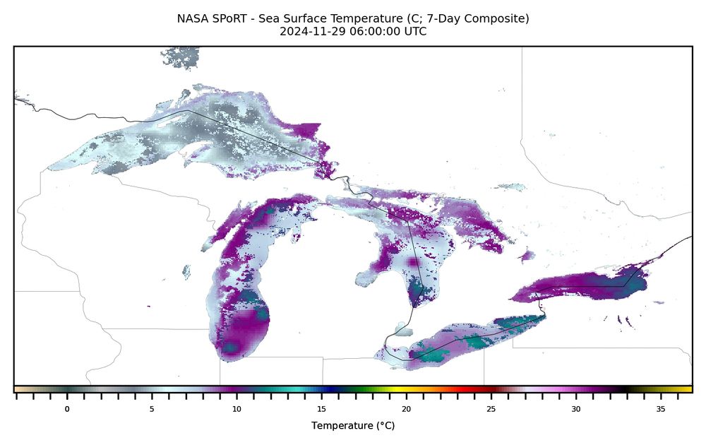 Geographic map of sea surface temperatures of the Great Lakes on 29 November 2024.