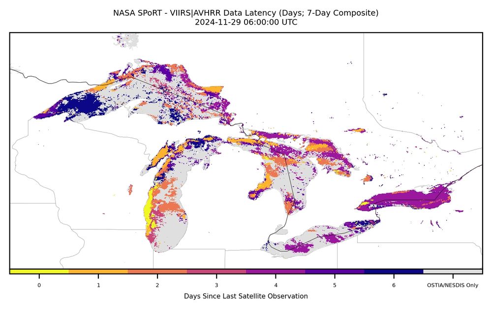 Geographic map of the Great Lakes showing days since the last satellite observation regarding sea surface temperature.