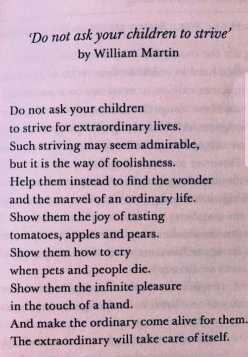 “Do not ask your children
to strive for extraordinary lives.
Such striving may seem admirable,
but it is the way of foolishness.
Help them instead to find the wonder
and the marvel of an ordinary life.
Show them the joy of tasting
tomatoes, apples and pears.
Show them how to cry
when pets and people die.
Show them the infinite pleasure
in the touch of a hand.
And make the ordinary come alive for them.”
The extraordinary will take care of itself.
William Martin,The Parent's Tao Te Ching