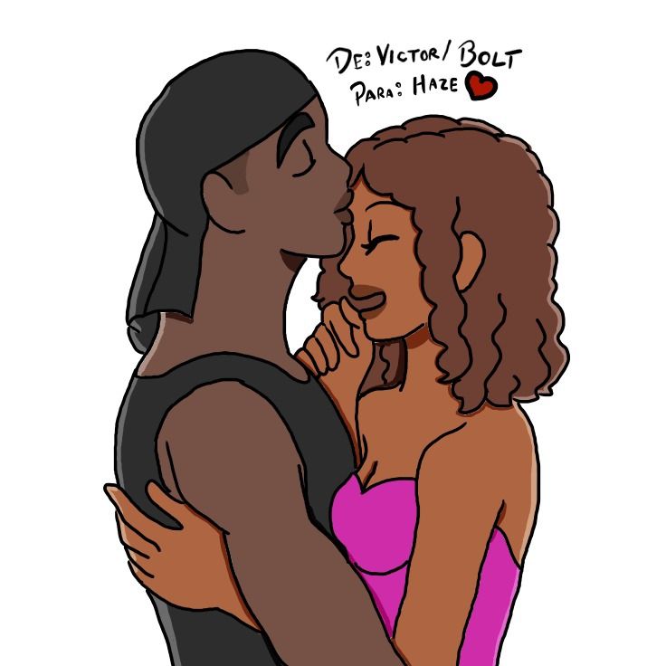 Rael beijando a testa de Serena, enquanto Serena solta uma risada boba
Rael é negro, musculoso e usa uma "bandana de ciclismo" preta, e uma regata preta 
Serena é negra, possui cabelo cacheado médio e está usando uma blusa sem alça da cor rosa