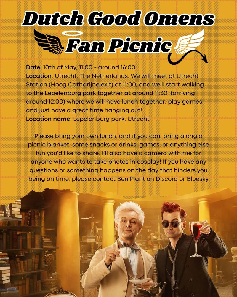 Date: 10th of May, 11:00 - around 16:00
Location: Utrecht, The Netherlands. We will meet at Utrecht Station (Hoog Catharijne exit) at 11:00, and we'll start walking to the Lepelenburg park together at around 11:30  (arriving around 12:00) where we will have lunch together, play games, and just have a great time hanging out!
Location name: Lepelenburg park, Utrecht

Please bring your own lunch, and if you can, bring along a picnic blanket, some snacks or drinks, games, or anything else fun you'd like to share. I’ll also have a camera with me for anyone who wants to take photos in cosplay! If you have any questions or something happens on the day that hinders you being on time, please contact BeniPlant on Discord or Bluesky.